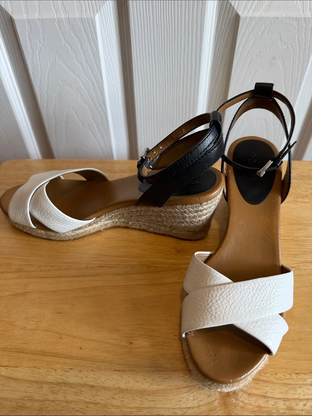 Coach White Cross-Strap Sandals with Black Ankle Strap